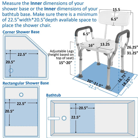Deluxe Spa Shower Chair with Arms and Back for Safe Bathing No Slip Stability shown with dimensions and adjustable legs.