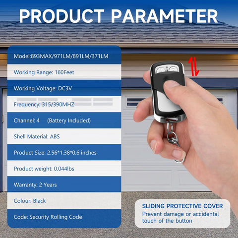 Person holding a compact black Garage Door Opener Remote Keychain Fits Chamberlain LiftMaster And Craftsman From 1993 To Present Replaces 373LM 973LM 81LM 893LM 893MAX 890MAX 953EV EVC Wireless Keyless Entry For Quick Access with sliding cover in front of a garage door.