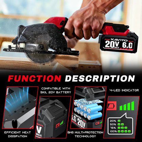 Upgraded 20V Replacement Battery For Skil Power Tools 6000 Mah Pack shown with circular saw, demonstrating power and performance.