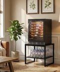 Premium Black Square End Table With Rich Wood Grain Finish Heavy Duty Frame And Cold Beer Mini Fridge Stand in modern living room.