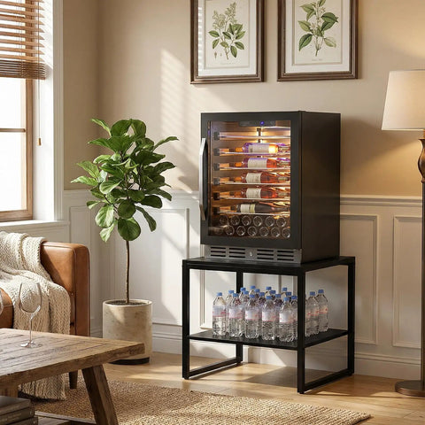 Premium Black Square End Table With Rich Wood Grain Finish Heavy Duty Frame And Cold Beer Mini Fridge Stand in modern living room.