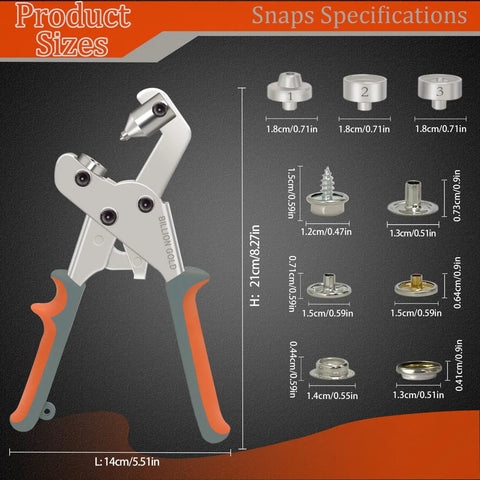 Heavy Duty Snap Fastener Tool Kit With Built In Hole Punch Die For Easy One Tool Punching On Canvas Leather Tarps And Boat Covers 20 Sets Of Snap Buttons Energy Saving Design For DIY Pros, showing tool and snap specifications
