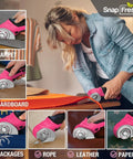Cordless Electric Scissors For Quick Unpacking And Crafting, cutting fabric and cardboard on a table with ergonomic grip.