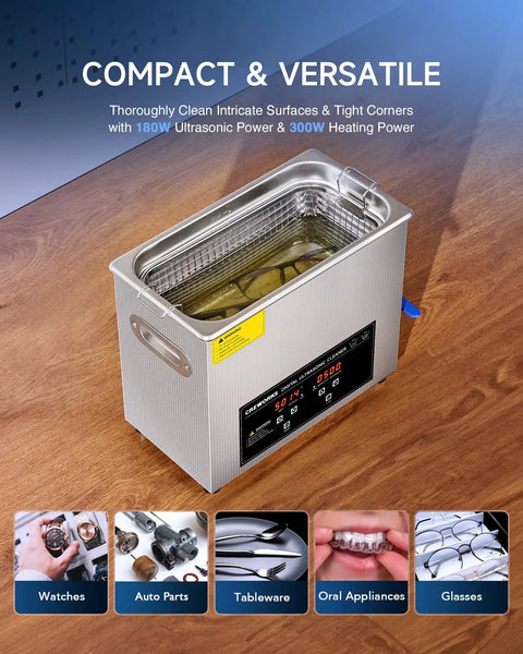 Pro Grade Ultrasonic Cleaner With Heater And Timer, 6L 1.6 Gallon Digital Sonic Cleaning Machine, 180W Stainless Steel