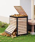 130 Gallon Solid Wood Compost Bin With Pull Out Door for Backyard Garden and Patio, aerated slat design shown with leaves inside