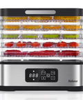 Five Tray Electric Food Dehydrator With Smart Digital Controls And Flexible Temp Settings, clear trays holding dried fruits and beef jerky.