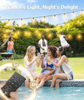 Group enjoying by pool under 200 Foot Solar String Lights Outdoor Waterproof With Remote Control, creating dope vibe ambience.