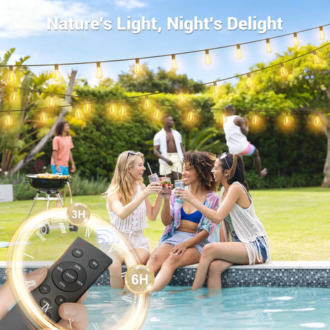 Group enjoying by pool under 200 Foot Solar String Lights Outdoor Waterproof With Remote Control, creating dope vibe ambience.