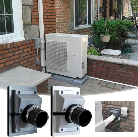 Hvac Wall Penetration Cover Kit With Plush Gasket For Split Ac Lineset indoor outdoor installation with pipe sleeves and AC unit.