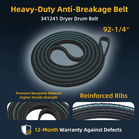 Heavy-duty anti-breakage dryer drum belt 341241, highlighted features for Upgraded Dryer Repair Kit With 341241 Belt And 349241T Drum Roller Includes 691366 Idler Pulley And Four Tri Rings With Washers Durable Rubber Components For Quick No Fuss Easy Dryer Fix And Long Lasting Performance.