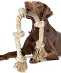 Dog playing with Indestructible Rope Toy for Heavy Chewers, 3 Feet Long with 5 Knots, Tough Cotton Tug Of War Chew Toy.