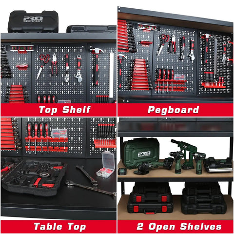 Heavy Duty Steel Workbench With Pegboard Shelves And Wide Top 330 Lb Capacity Multipurpose Garage And Workshop Storage Station with tools and equipment on display.