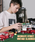 Boy assembling Two In One Camper Van And Farm Pickup Truck Building Set For Adults With 2188 Pieces Retro RV Style Construction Toy Kit For Collectors Build It Yourself Deluxe Epic Off Road Play And Creative Display