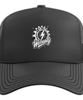 Black Trucker Hat With Distressed Mechanical Gear And Lightning Bolt Gauge Graphic For Mechanics, featuring foam front and mesh back.