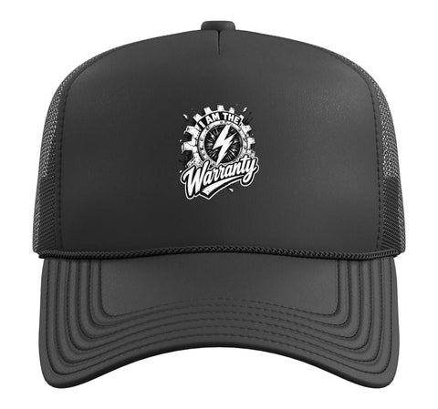 Black Trucker Hat With Distressed Mechanical Gear And Lightning Bolt Gauge Graphic For Mechanics, featuring foam front and mesh back.