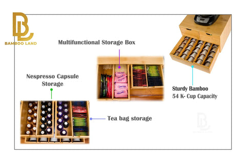 Extra Large Bamboo K Cup Holder And 2 Tier Counter Organizer Drawer With Sliding Design showing storage and compartments.