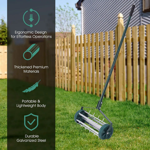 Rolling Lawn Aerator 18 Inch Rotary Push Tine Spike Soil Aerator With 3 Piece Long Steel Handle shown on grass