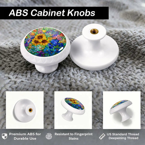 Four Pack Colorful Wildflower Stained Glass Cabinet Knobs For Kitchen And Bath with sunflower and iris design on fabric