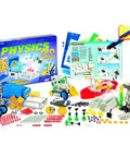 Physics Pro Science Kit V2.0 With Wind Tunnel, Pneumatic Shocks, And Hydraulic Lift displayed with parts and manual.