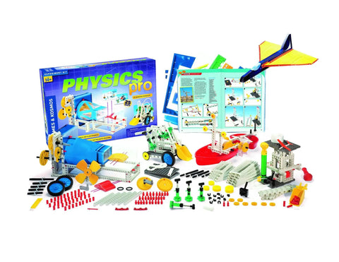 Physics Pro Science Kit V2.0 With Wind Tunnel, Pneumatic Shocks, And Hydraulic Lift displayed with parts and manual.