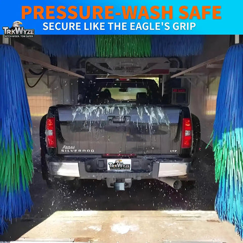Truck with Limited Edition American Flag Trailer Hitch Cover Honoring 250 Years Of Freedom in car wash, rust resistant finish