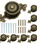 8 Piece Vintage Cabinet Knobs Set In Solid Antique Brass With Backplates Mushroom Pull Handles displayed with screws