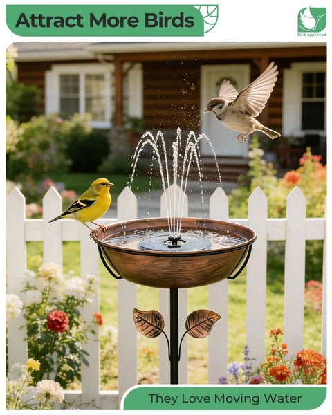 Metal Bird Bath With Solar Fountain, 13 Inch Bowl And 6.3 Inch Solar Pump, Battery And LED Lights, in garden setting with birds