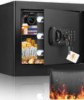 1.2 Cu Ft Compact Digital Safe Box with Combination Lock for Home Security, open showing cash, meds, jewelry, and removable shelf.