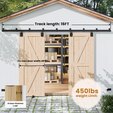 Exterior Sliding Barn Door Hardware Kit Outdoor Ready, Heavy Duty Box Rail Track System, Wall Mount, Supports Up To 450 Lbs, Fits Double 48 Inch Doors