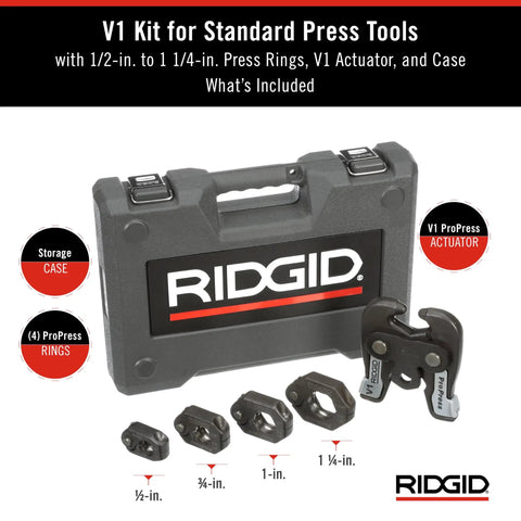 V1 Press Ring And Actuator Kit For Standard Press Tools 1/2 In To 1-1/4 In Copper And Stainless Tubing, Includes Case