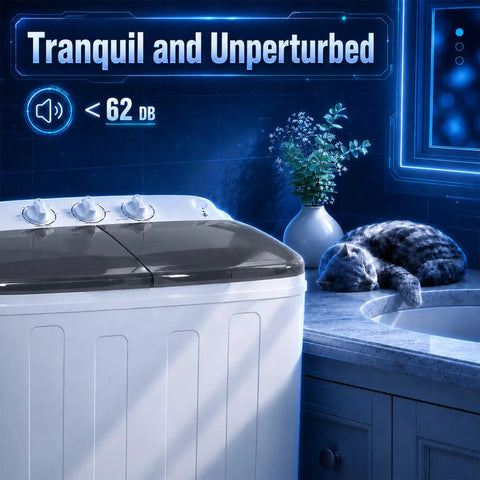 Easy Peasy Compact Portable Twin Tub Laundry Washer With Rapid Spin Cycle And Deep Soak Basin Tailored For Apartments Dorms Or RV Trips While Delivering Dope Results Zero Headaches beside a resting cat