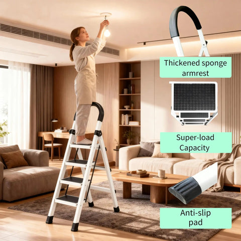 Four Step Folding Ladder For Home Office Kitchen And Garage, Portable And Space Saving Stool With Anti Slip Feet, Easy Storage, Sturdy Durable Construction, Compact Multi Use Step Ladder For Every Room, woman changing bulb in living room