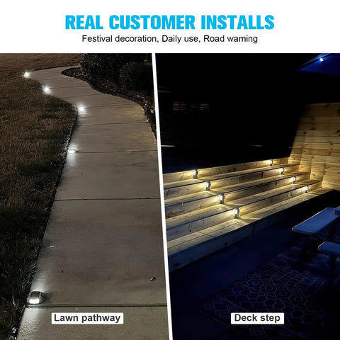 12 Pack Solar Deck Lights Outdoor Pathway LED Dock Lights IP68 Waterproof Auto On Off for Driveway Sidewalk Garden Yard Bright White High Brightness LEDs Step Lighting illuminating steps and pathway.