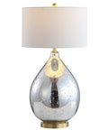 Mercury Silver Glass Teardrop Table Lamp With White Linen Drum Shade For Living Room Or Bedroom Dope Glam Transitional Bedside Lighting