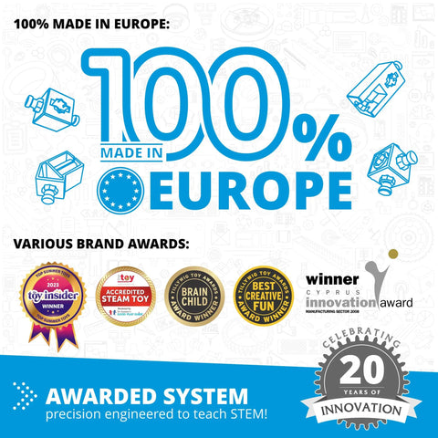 Awards and 100% made in Europe certification for 16 In 1 STEM Building Kit For Kids 9 Plus With Levers And Linkages Hands On Engineering Toys