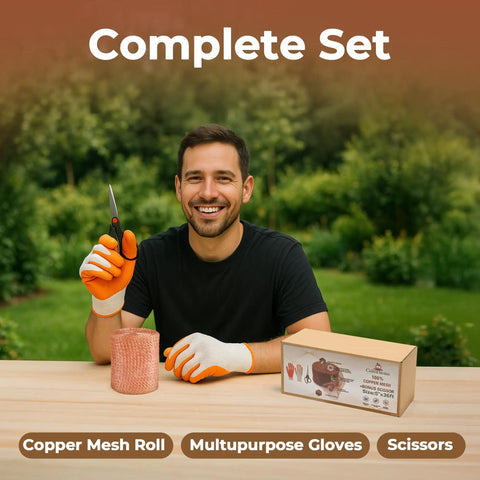 Man with Copper Mesh Rodent Control Roll 5In By 36Ft Rustproof Copper for Blocking Holes in Garden, gloves and scissors