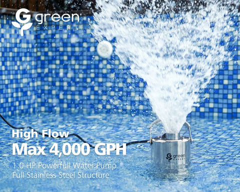 Green Expert stainless steel submersible sump pump with power cord in pool water