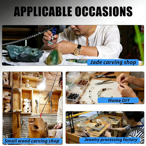 Beast Mode Flexible Shaft Bench Grinder Polishing Drill For Jade Wood Jewelry Crafting in various workspaces.