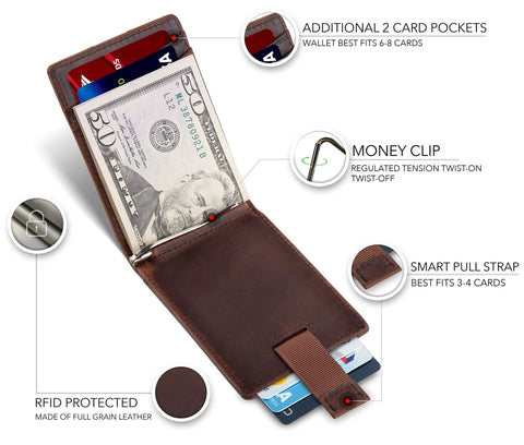 Slim RFID Blocking Bifold Wallet For Men With Money Clip, Genuine Leather, open with cards and cash in Texas Brown, front pocket design