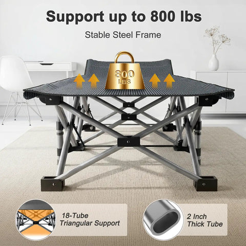 Beefy 28 Inch Wide Camping Cot for Adults, Heavy Duty 1200D Oxford Fabric, showing 800 lbs support on steel frame