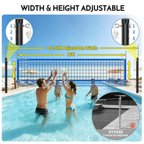 Inground Pool Volleyball Net Set With 26 Ft Adjustable Length, 3 Height Options, Durable Aluminum Poles, Easy Setup for backyard fun