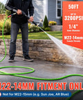 Person using Ridiculously Flexible 50-Foot Pressure Washer Hose With Kink-Resistant, Leak-Free Design, M22 Female, 3200 PSI, green hose.
