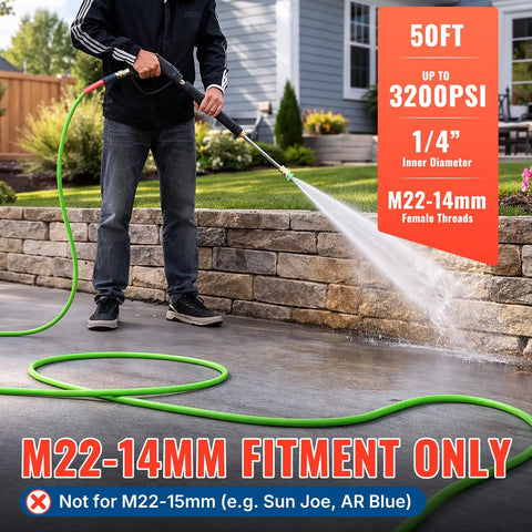 Person using Ridiculously Flexible 50-Foot Pressure Washer Hose With Kink-Resistant, Leak-Free Design, M22 Female, 3200 PSI, green hose.