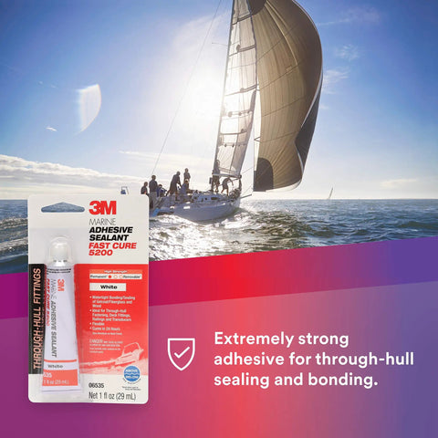 Fast Cure Marine Adhesive Sealant 5200 For Boats And RVs Waterproof Bonding And Sealing Above And Below The Waterline Bonds Wood Fiberglass And Metal Permanent Sealant For Decks Housings Portholes And Mounts White 1 Fl Oz package on sailboat background