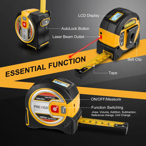2 In 1 Laser Tape Measure With Auto Lock Magnetic Hook, 135 Ft Laser Range And 16 Ft Manual Tape, Pythagorean Area And Volume Calculations, Ft And In Plus Metric Units, Non Digital Handy Measuring Tool For Quick Precise Measurements, black and yellow with LCD display
