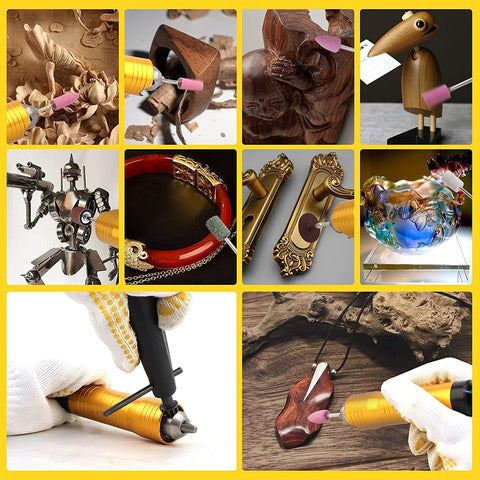Various projects using the Powerful 1000W Flex Shaft Rotary Tool With Foot Pedal Control And Forward Reverse Rotation 500 To 30000 RPM Hanging Grinder Carver Kit For Carving Buffing DIY Crafts Includes Multiple Accessories on wood, metal, and jewelry.