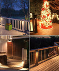 Deck view showing 12-Pack Low Voltage LED Deck Lights with 5 CCT settings, 3.74-Inch landscape lighting on rails and steps.