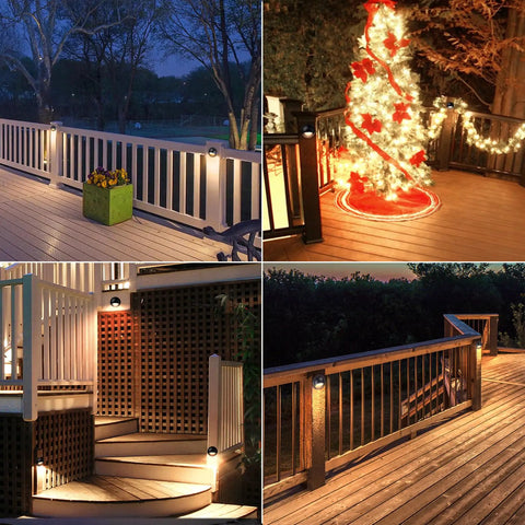 Deck view showing 12-Pack Low Voltage LED Deck Lights with 5 CCT settings, 3.74-Inch landscape lighting on rails and steps.