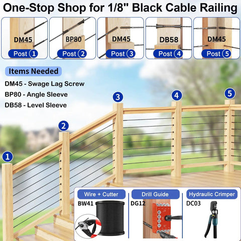 100 Pack Cable Railing Protector Sleeves For One Eighth Inch Deck Railing System with tools and wood post setup