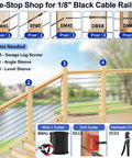 Deck railing system diagram showing posts, cable railing, and needed tools like swage lag screw and angle sleeve for assembly.